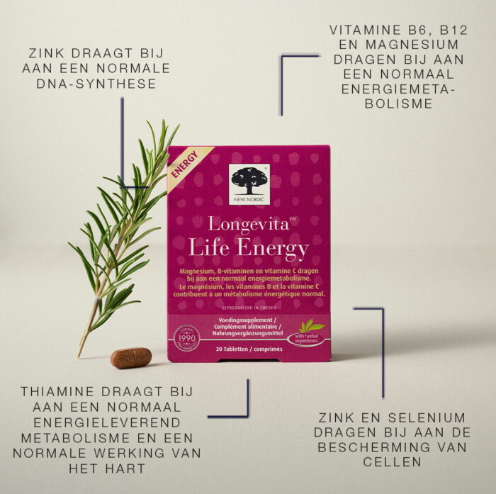 Longevita™ Life Energy met rozemarijn en uitleg over de bijdrage van vitaminen en mineralen aan het energiemetabolisme, DNA-synthese, hartfunctie en de bescherming van cellen.