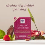 Longevita Life Energy met natuurlijke ingrediënten en de aanbeveling om slechts één tablet per dag te nemen.