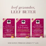 Drie producten uit de New Nordic Longevita™-lijn: L-ergothioneïne, Life Energy en Spermidine, gepresenteerd met de tekst 'Leef gezonder, leef beter'.