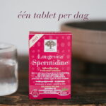 Verpakking van Longevita™ Spermidine met de aanbeveling om dagelijks één tablet te nemen.