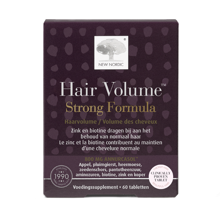 di_webpackshot_hairvolume_strongformula_30_NL Hair Volume⢠Strong Formula verpakking met biotine en zink, helpt het behoud van normaal haar.
