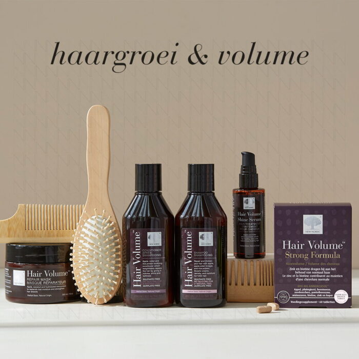 Hair Volume™ assortiment voor haargroei en volume met shampoo, conditioner, serum, repair mask en supplement.