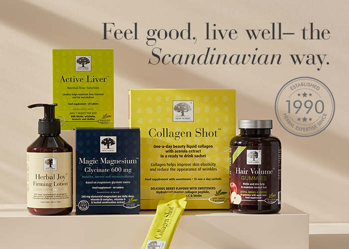 New Nordic producten met Active Liver, Magic Magnesium, Collagen Shot en Hair Volume, met tekst Scandinavian way