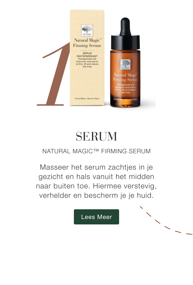 Natural Magic™ Firming Serum met tekst stap 1 serum en uitleg over het inmasseren voor een stevigere en stralende huid.