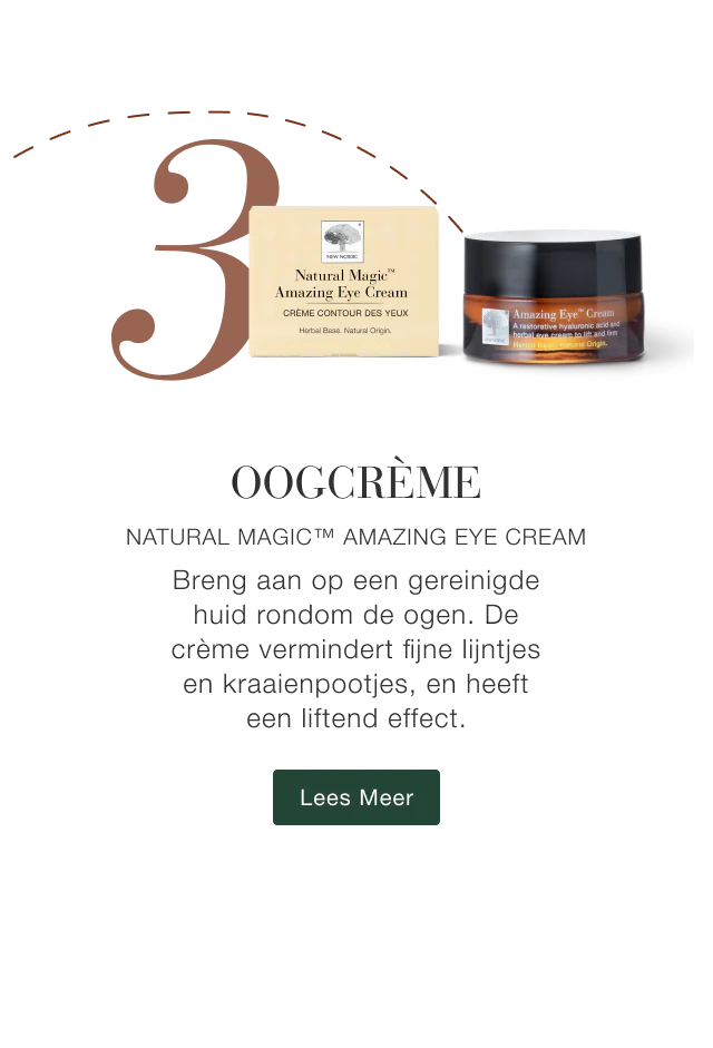 Stap 3 oogcrème met Natural Magic™ Amazing Eye Cream en tekst over vermindering van fijne lijntjes.