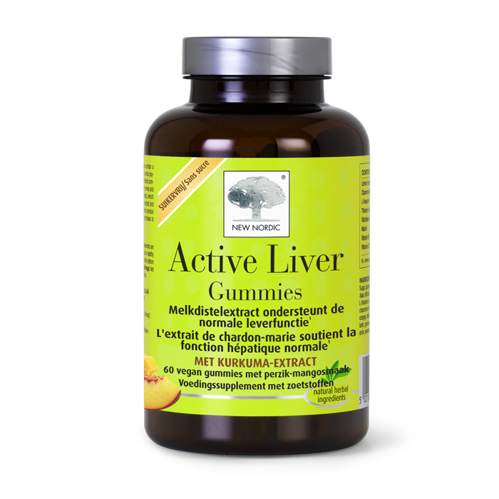 di_webpackshot_activeliver_gummies_60_nl_new New Nordic Active Liverâ„¢ Gummies in pot met groene label op witte achtergrond.