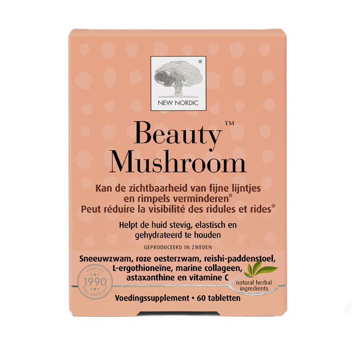 di_webpackshot_beautymushroom_30_NL New Nordic Beauty Mushroom™ tabletten in lichtoranje verpakking met focus op huidverzorging en uitstraling.