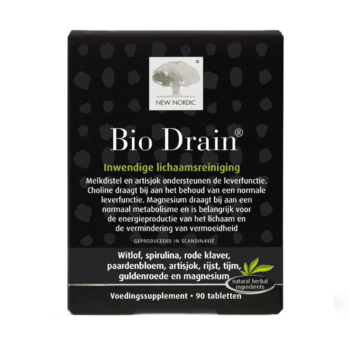 New Nordic Bio Drain® tabletten in zwarte verpakking met focus op lichaamsreiniging en metabolisme.