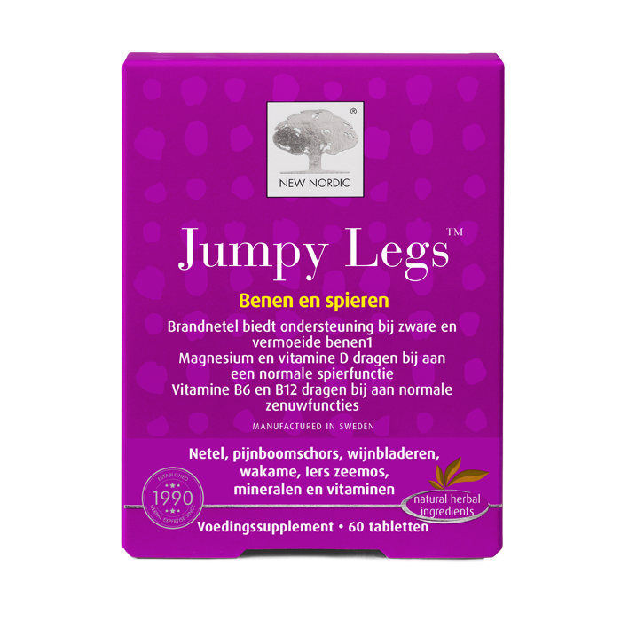 di_webpackshot_jumpylegs_60_NL Jumpy Legs™ verpakking voor benen en spieren, helpt het behoud van normale spierfunctie en ondersteunt vermoeide benen.