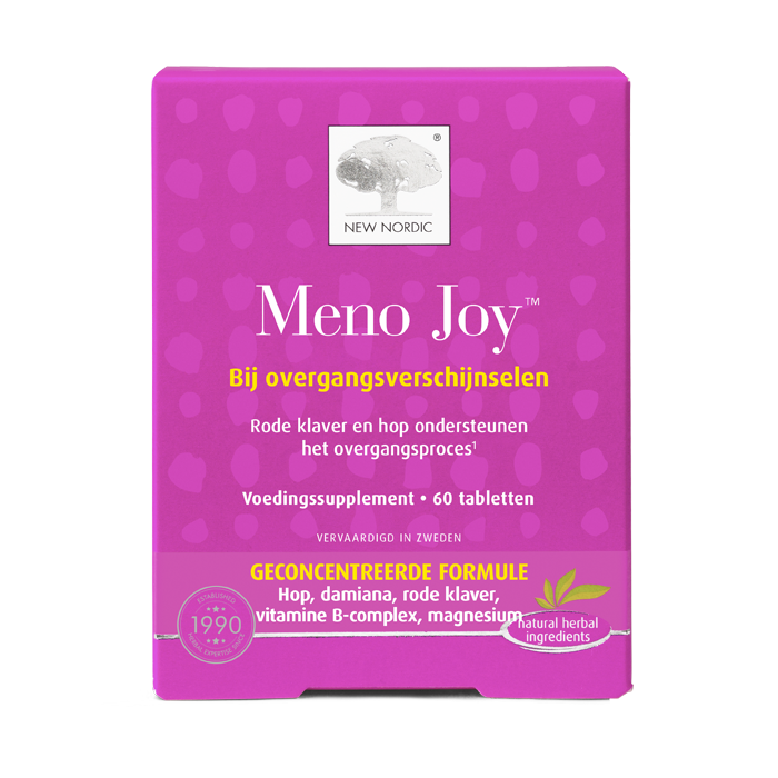 di_webpackshot_menojoy_60_NL New Nordic Meno Joy™ tabletten in roze verpakking voor gebruik bij overgangsverschijnselen.