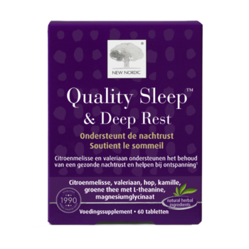 New Nordic Quality Sleep™ & Deep Rest tabletten in paarse verpakking, helpen de nachtrust te ondersteunen.