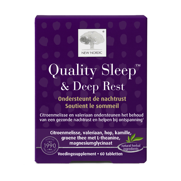 di_webpackshot_qualitysleep_deeprest_60_NL New Nordic Quality Sleepâ„¢ & Deep Rest tabletten in paarse verpakking, helpen de nachtrust te ondersteunen.