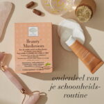 New Nordic Beauty™ Mushroom met huidverzorgingsproducten en beautyaccessoires als onderdeel van een schoonheidsroutine.