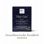 Achterkant van New Nordic Hair Gro™ met ingrediënten, dosering en de tekst "Scandinavische kwaliteit".