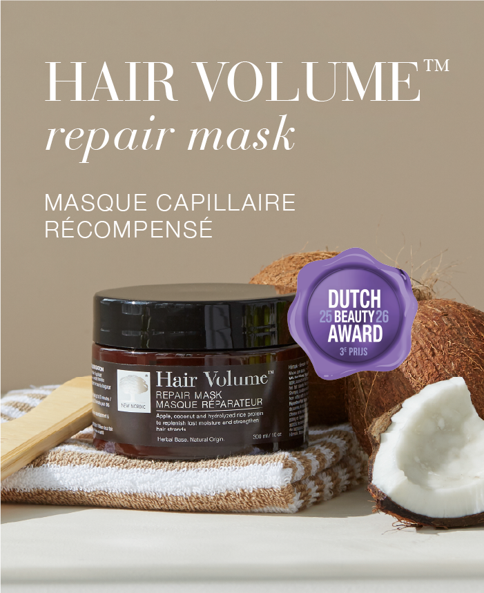 Hair Volume™ Repair Mask avec peigne, serviette, noix de coco et Dutch Beauty Award 2025–2026, 3e prix.