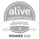 Alive Consumers Choice Awards logo met tekst winnaar 2021.