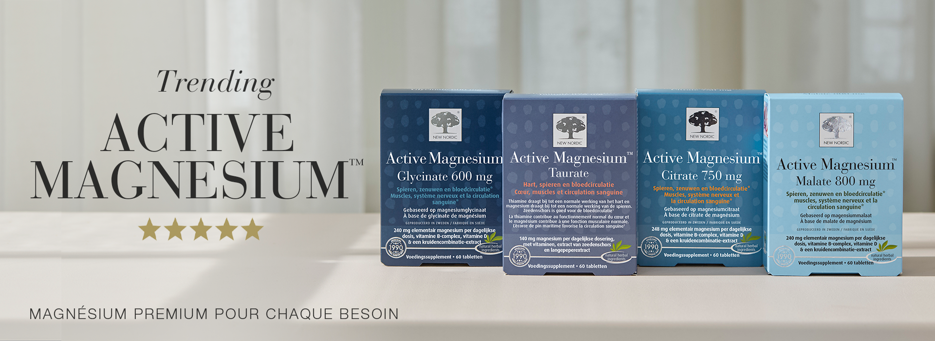 Produits Active Magnesium™ avec différentes formules de magnésium pour divers besoins quotidiens.