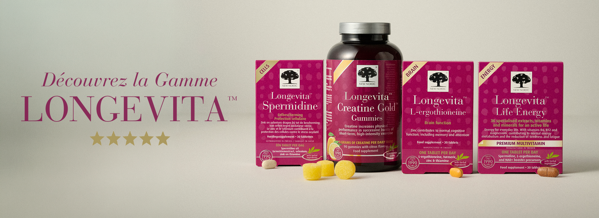 Produits de la gamme Longevita™ avec gummies, comprimés et compléments alimentaires.