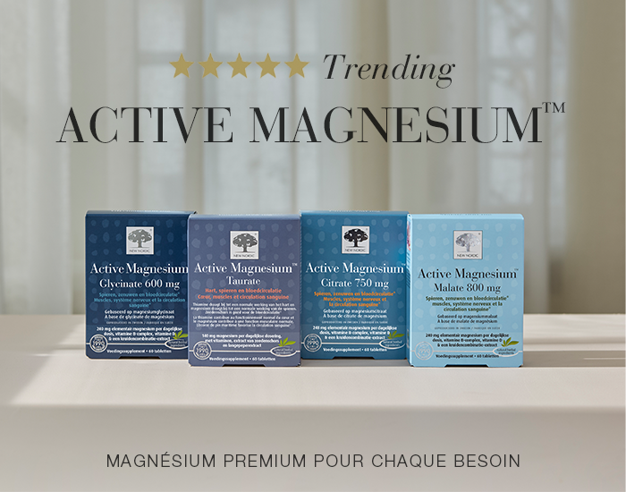Produits Active Magnesium™ avec différentes formules de magnésium pour divers besoins quotidiens.