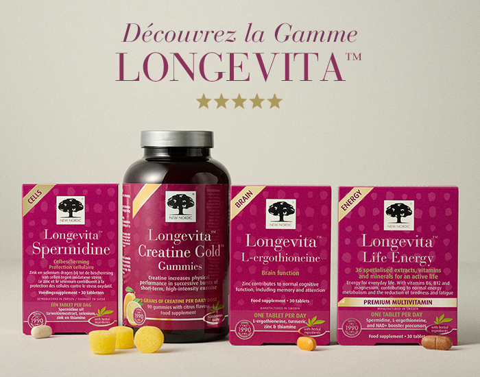 Produits de la gamme Longevita™ avec gummies, comprimés et compléments alimentaires.