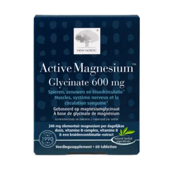 New Nordic Active Magnesium™ Glycinate 600 mg tabletten in blauwe verpakking, helpen spieren en zenuwfunctie te ondersteunen.