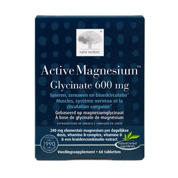 New Nordic Active Magnesium™ Glycinate 600 mg tabletten in blauwe verpakking, helpen spieren en zenuwfunctie te ondersteunen.