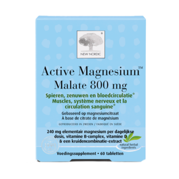 Active Magnesium™ Malate 800 mg verpakking voor spieren, zenuwen en bloedcirculatie.