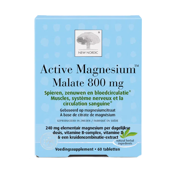 di_webpackshot_ActiveMagnesiumMalate_60_BENELUX_new Active Magnesiumâ„¢ Malate 800 mg verpakking voor spieren, zenuwen en bloedcirculatie.