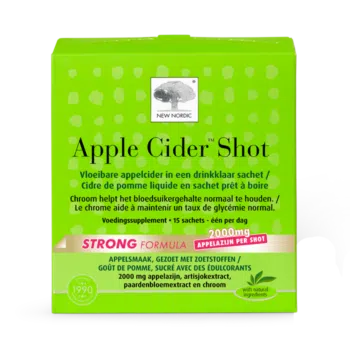Apple Cider Shot verpakking met drinkklare sachets met appelazijn, makkelijk in te nemen als onderdeel van de dagelijkse routine.