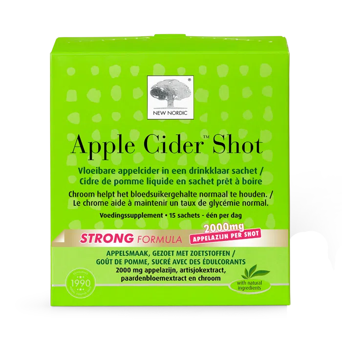 di_webpackshot_appleciderSHOT_strongformula_60_NL Apple Cider Shot verpakking met drinkklare sachets met appelazijn, makkelijk in te nemen als onderdeel van de dagelijkse routine.