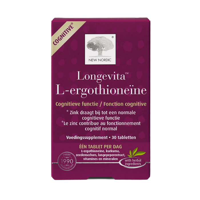 di_webpackshot_longevita_l-ergothioneine_30_NL Longevita™ L-ergothioneïne verpakking met zink, helpt het behoud van een normale cognitieve functie.