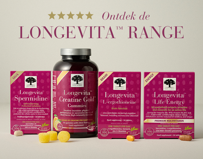Banner met de 4 producten in onze Longevity-reeks