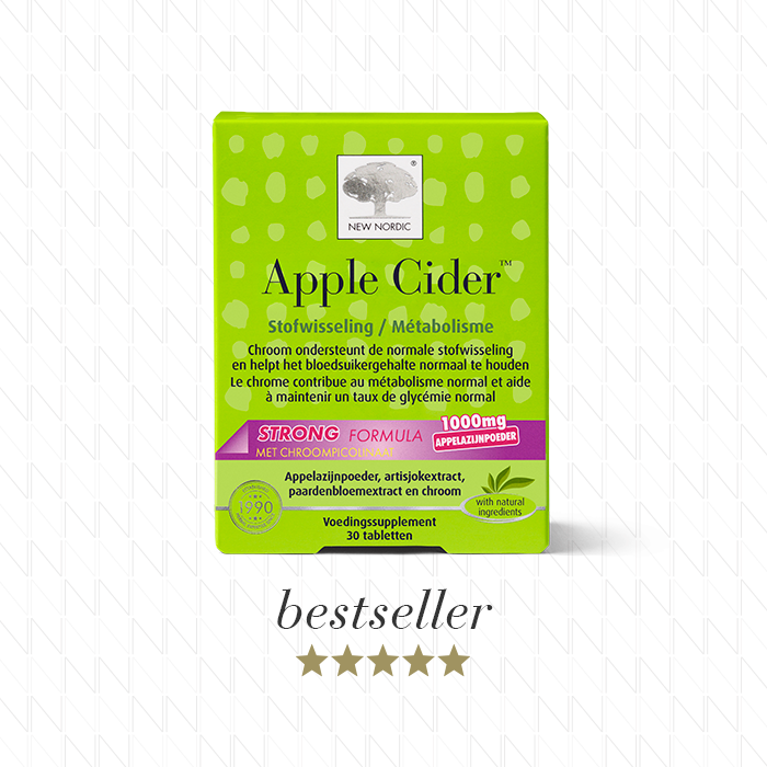w_AppleCiderMegaStrength_90_Front_NL_Tile1 New Nordic Apple Cider™ voedingssupplement met 1000 mg appelazijnpoeder, aangeduid als bestseller.