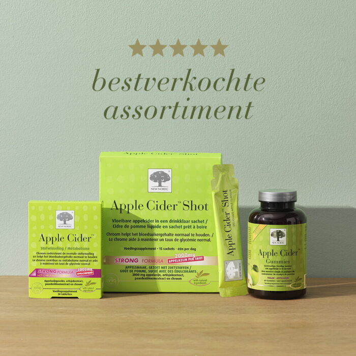 Apple Cider™ assortiment met tabletten, shot en gummies.