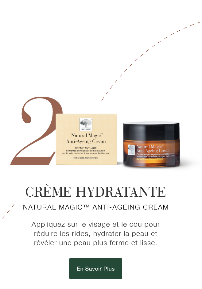 Natural Magic™ Anti-Ageing Cream présentée comme étape 2 d’une routine de soin pour aider à hydrater, lisser et raffermir la peau.