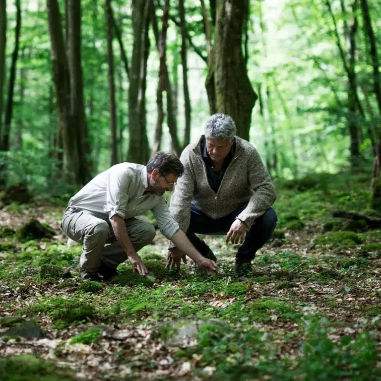 Twee mannen onderzoeken planten op de bosgrond in een groene bosomgeving.