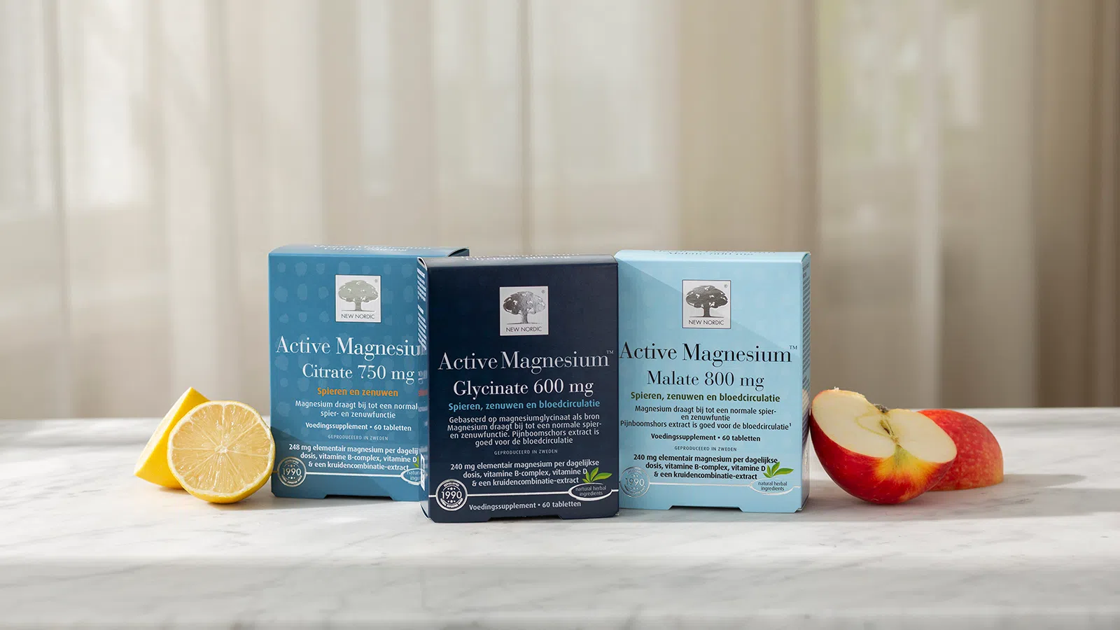 Active Magnesium™ assortiment met Citrate, Glycinate en Malate, gepresenteerd met citroen en appel.