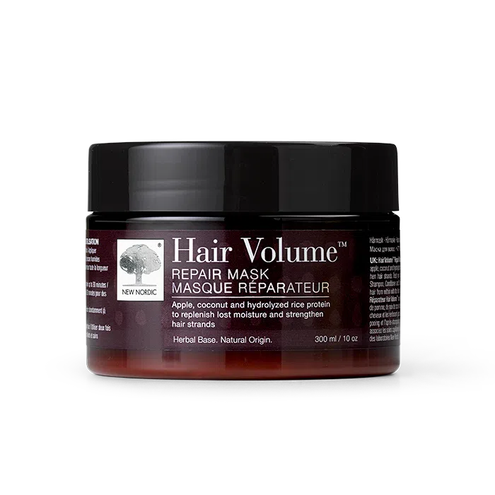 New Nordic Hair Volume™ Repair Mask met appel, kokos en rijstproteïne, helpt het haar te verzorgen en versterken.