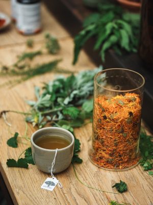 De helende kracht van de natuur – New Nordic-persevenement in Restaurant De kas 14 Kop kruidenthee naast gedroogde kruiden en verse planten op een houten tafel.